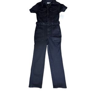 Good American NWT Denim Black Short Sleeve Zip Front Jumpsuit Size Small
